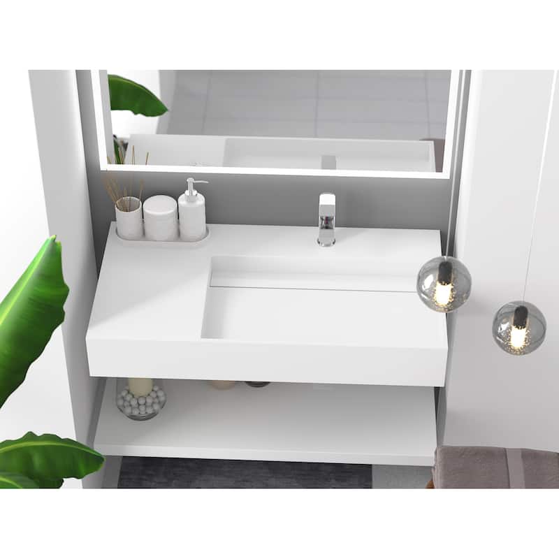 Juniper Stone Solid Surface Wall-mounted Vessel Sink - 36" Right Basin - White