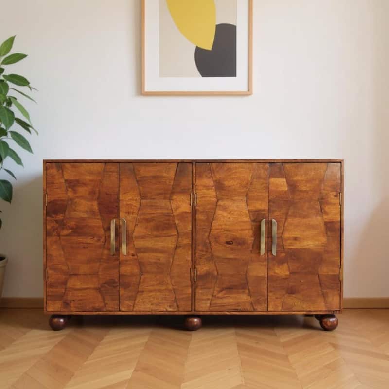 HomeRoots 36" Chestnut Solid Wood Carved Geometric Accent Cabinet With Four Doors - Chestnut