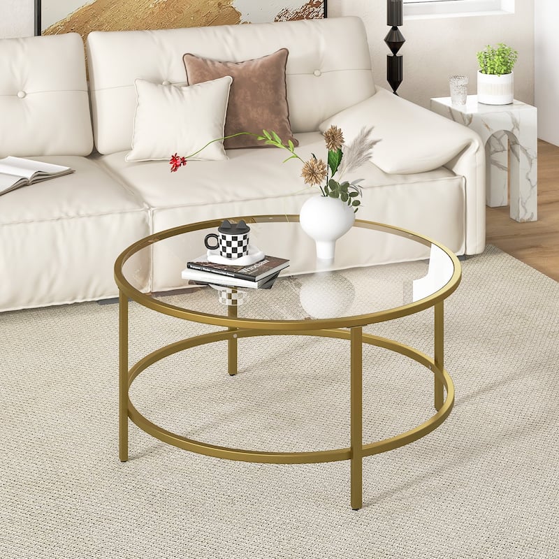 Tempered Glass Round Coffee Table with Metal Frame and 110 lbs Capacity - 35.5" x 35.5" x 18"