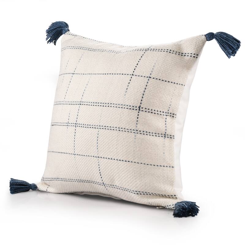 Sevita Hand-Woven Medium Ivory/Blue Geometric Polyester Indoor/Outdoor Throw Pillow