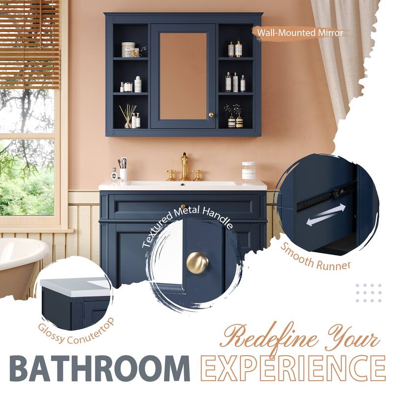 Freestanding Bathroom Vanity & Wall Mounted Mirror Cabinet Set with Resin Sink, Open Shelves, Drawers and Adjustable Shelves