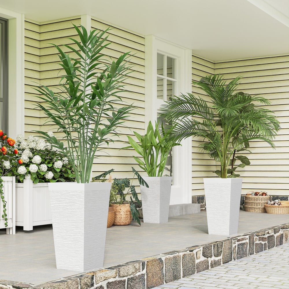 Outsunny 22.8 Inch Tall Planters for Outdoor Plants, Set of 3 Plastic Flower Pots with Stone Finish and Wheels