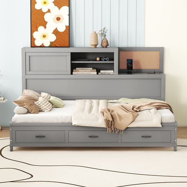 slide 2 of 12, Full Size Platform Daybed Frame Storage Bed Relaxation Daybed Multifunctional Daybed with Center Legs & Slat Support - Grey Grey - Full