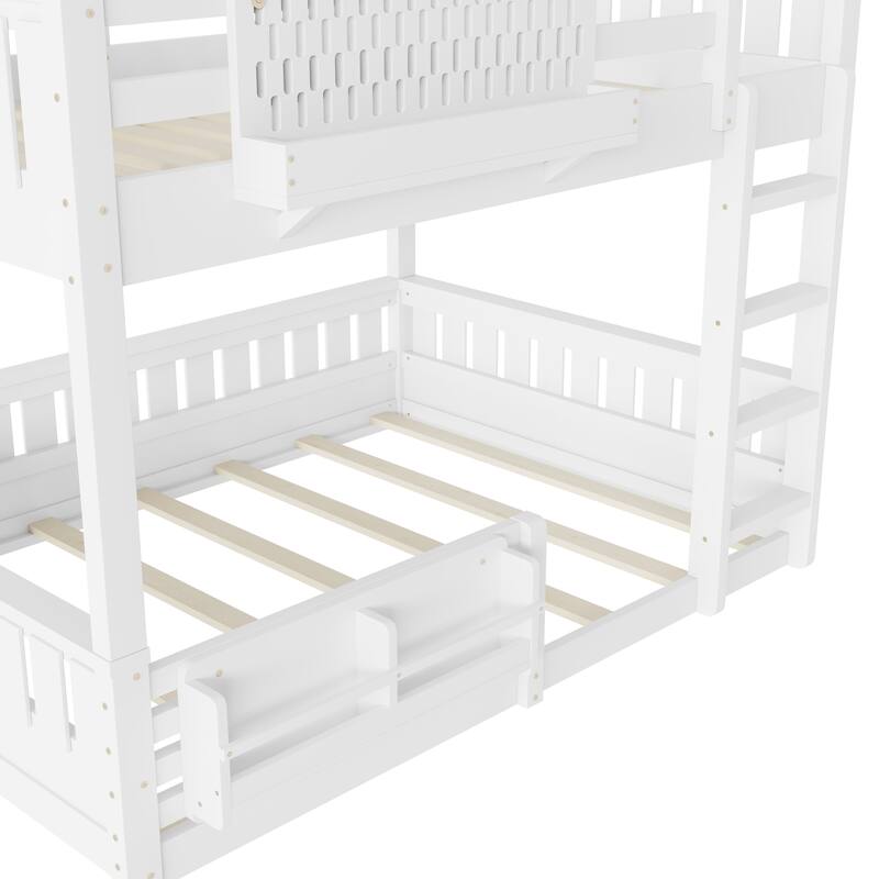 Wooden Bunk Bed of 3 Kinds Size with Pegboard, Bookshelf and Guardrails, Detachable Bunk Bed Convertible 2 Platform Beds