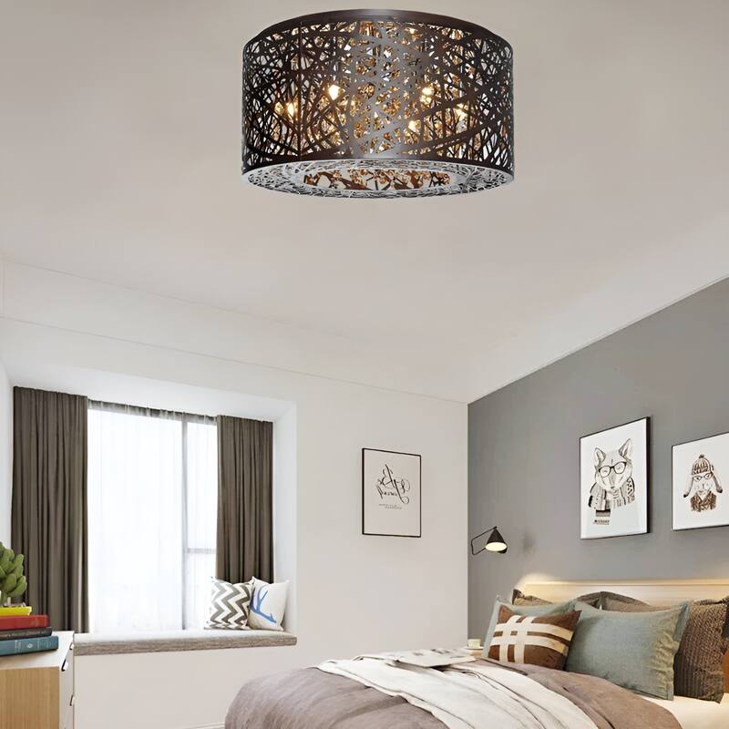 15.7" Wide Metal Flush Mount with Crystal Accent Bird Nest Modern Laser-Cut - Brown