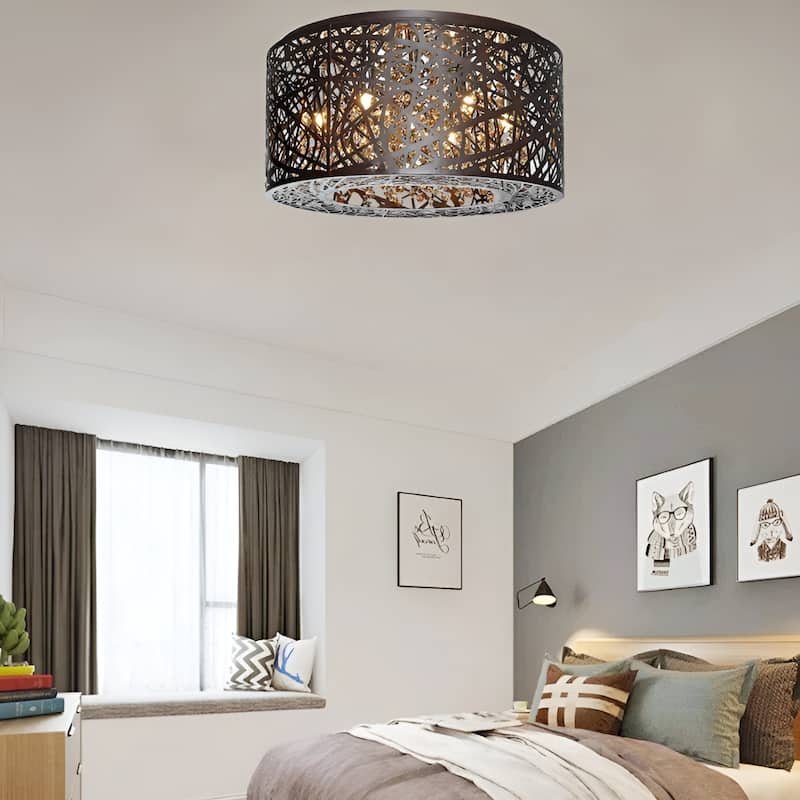 15.7" Wide Metal Flush Mount with Crystal Accent Bird Nest Modern Laser-Cut