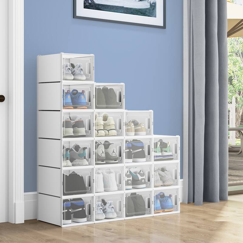6/12/18 Pack Shoe Storage Box Plastic Stackable Shoe Organizer for Closet Foldable Sneaker Containers Bins Holders Racks