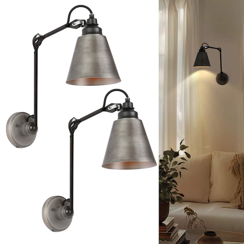 Set of 2 Modern Farmhouse Plug-in Swing Arm Wall Lamp Adjustable Bathroom Sconces - Brushed Antique Silver - L 28"xW 6"xH 8"