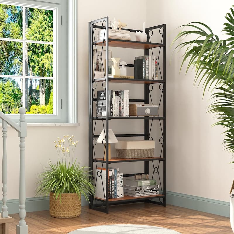 VECELO Contemporary 5-Shelf Display Bookcase, Industrial 62" Tall Bookshelf Storage Organizer
