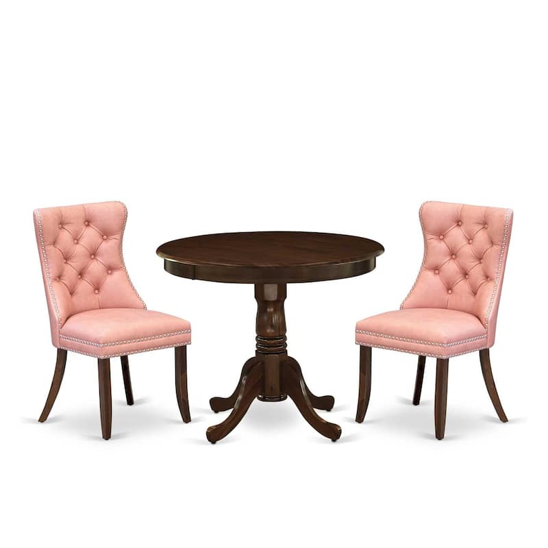 HomeStock 3-Piece Antique Walnut Finish Solid Wood Top - Round Upholstered Dining Room Set - (Seats-4)