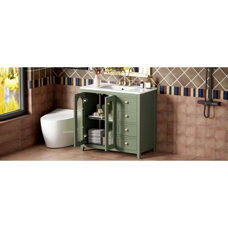 30''/36'' Bathroom Vanity with Sink, 3 Drawers Bathroom Storage Cabinet with Soft-Close Glass Door and Adjustable Shelf