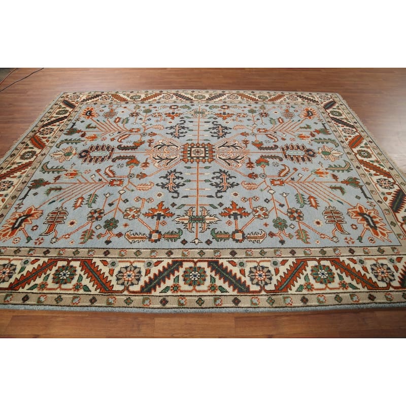 Light Blue Geometric Oushak Oriental Area Rug Hand-Knotted Wool Carpet - 7'10"x 9'10"