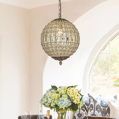 1-Light 12" Vintage And Glam Antique Gold Crystal Globe Chandelier Ornate Sphere Pendant Light