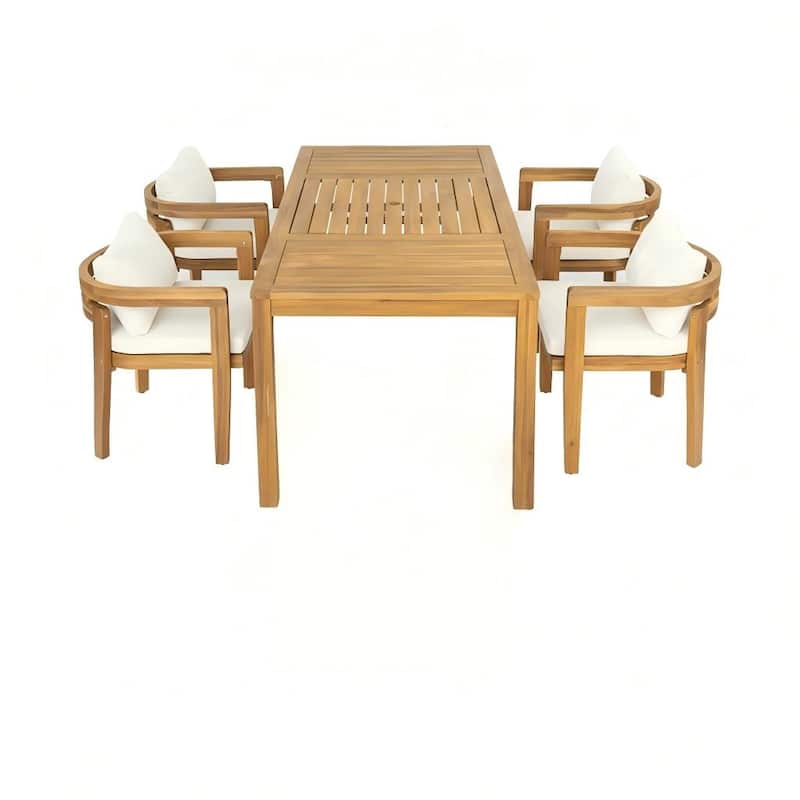 Christopher Knight Home - Solid Acacia Wood Outdoor Patio Dining 5/7-Piece Set with Cushions & Umbrella Hole