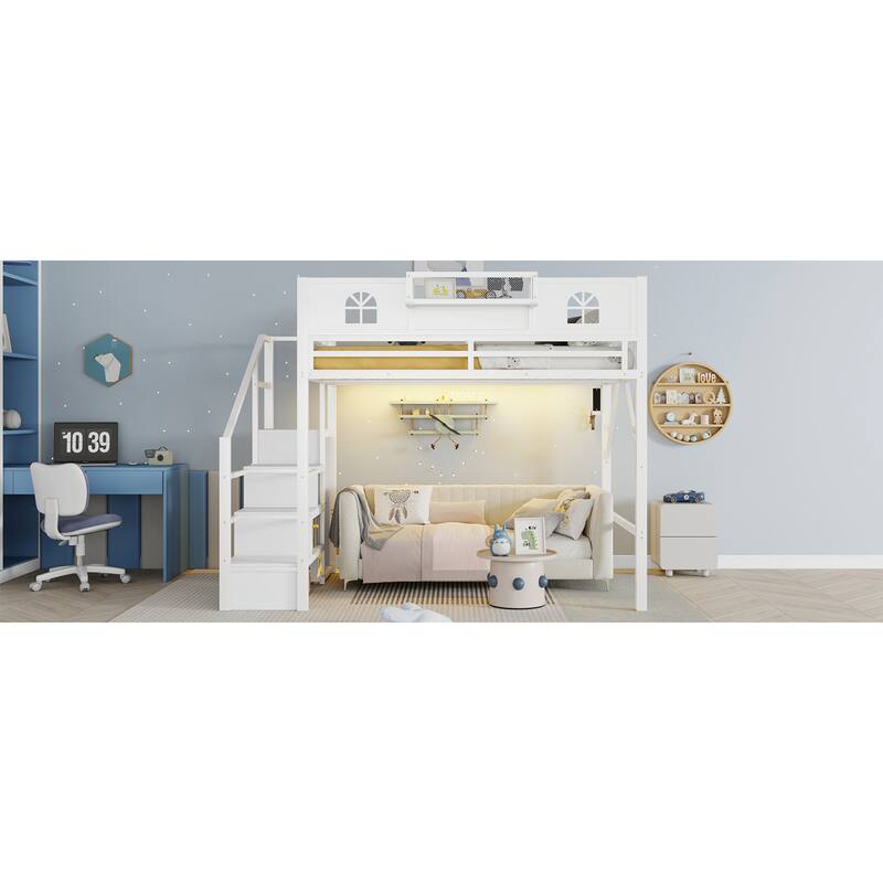 Roomfitters Full/Queen Metal Loft Platform Bed, Staircase Wardrobe and LED Charging Station with House Guardrails for Bedrooms