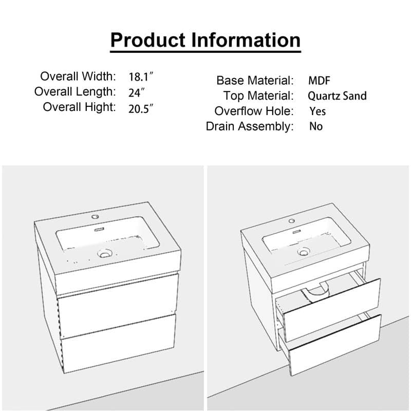 24"/30"/36" Wall-Mounted Bathroom Vanity Set with Black Integrated Quartz Sand Sink