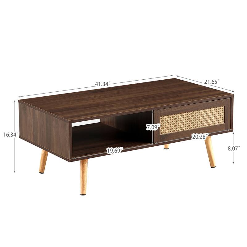 Modern PE Rattan Coffee table With Solid Wood Legs for Living Room