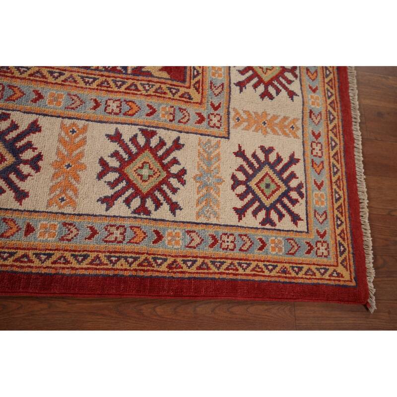 Red Geometric Kazak Area Rug Handmade Wool Carpet - 8'1" x 9'7"