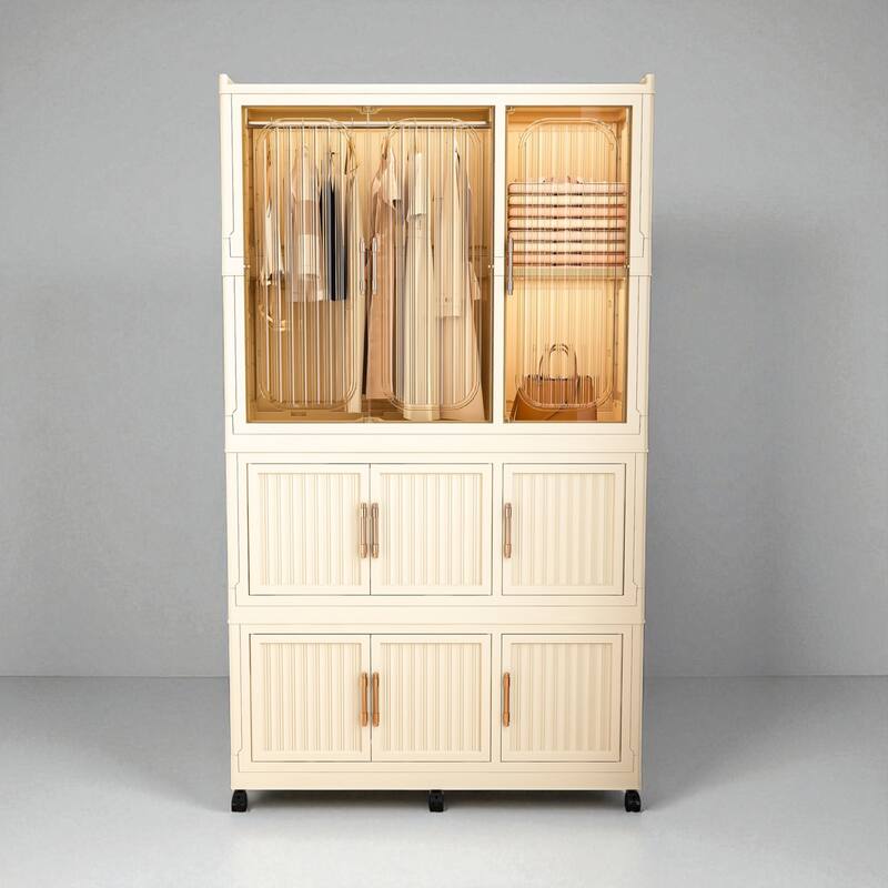 Portable Wardrobe Closet Organizer with 9 Magnetic Doors, 9 Cubes, 1 Hanging Rod & 6 Hangers, Clothes Storage Cabinet - Cream White