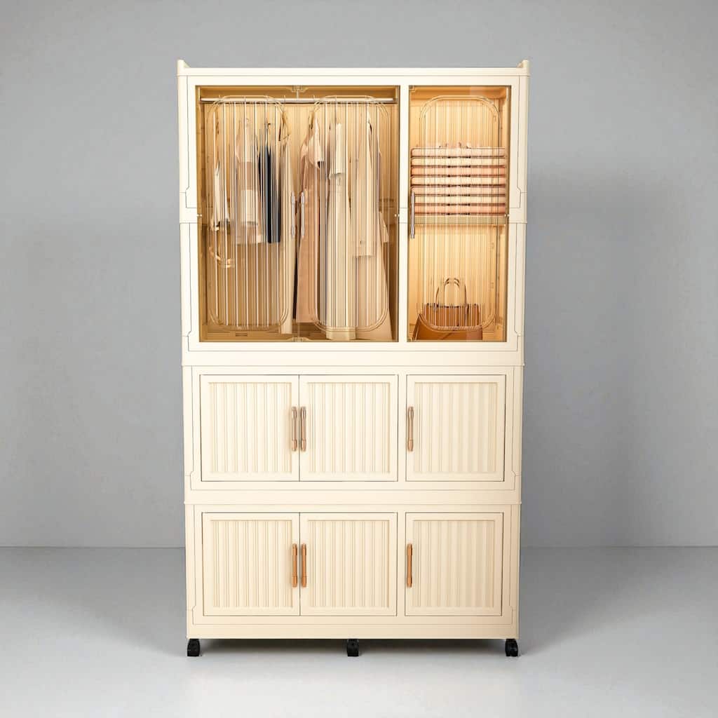 Portable Wardrobe Closet Organizer with 9 Magnetic Doors, 9 Cubes, 1 Hanging Rod & 6 Hangers, Clothes Storage Cabinet