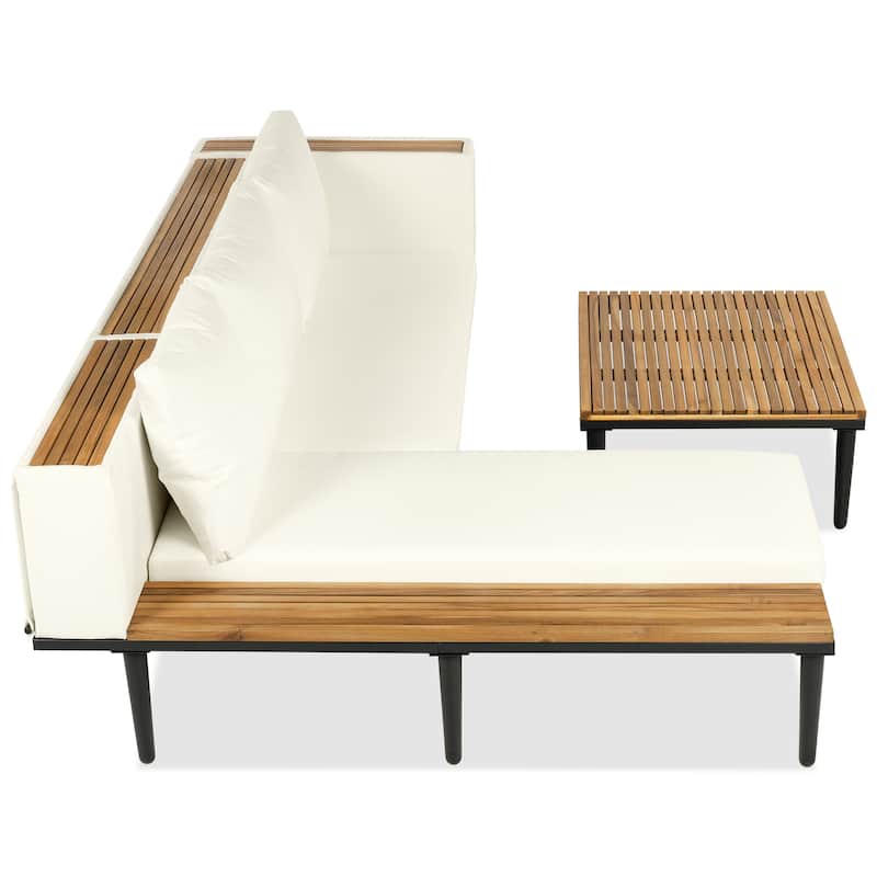 Roomfitters L-Shaped Outdoor Sectional Sofa Set with Built-in Wood Side Tables and Coffee Table, Patio Conversation Set