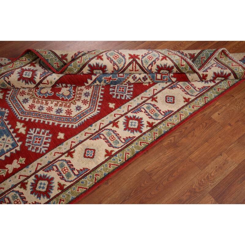 Geometric Red Kazak Runner Rug Hand-Knotted Hallway Wool Carpet - 3'11" x 13'4"
