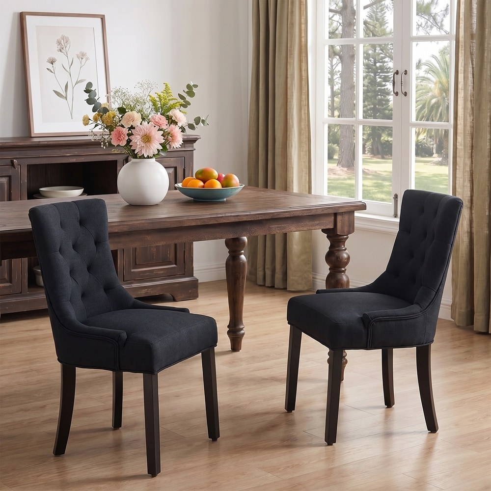 Tufted Dining Chair, Linen Upholstery Chair with Solid Wood Legs