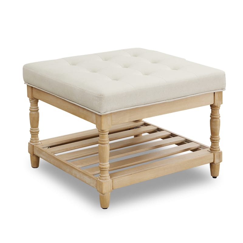 Luxury Storage Coffee Table with Upholstered Top & Shelf - Beige(Linen)