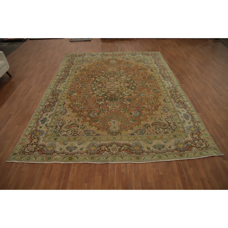 Hand Knotted Oriental 100% Wool Carpet Traditional Floral Oranges & Rust Tabriz Area Rug - 12' 10'' X 9' 9''