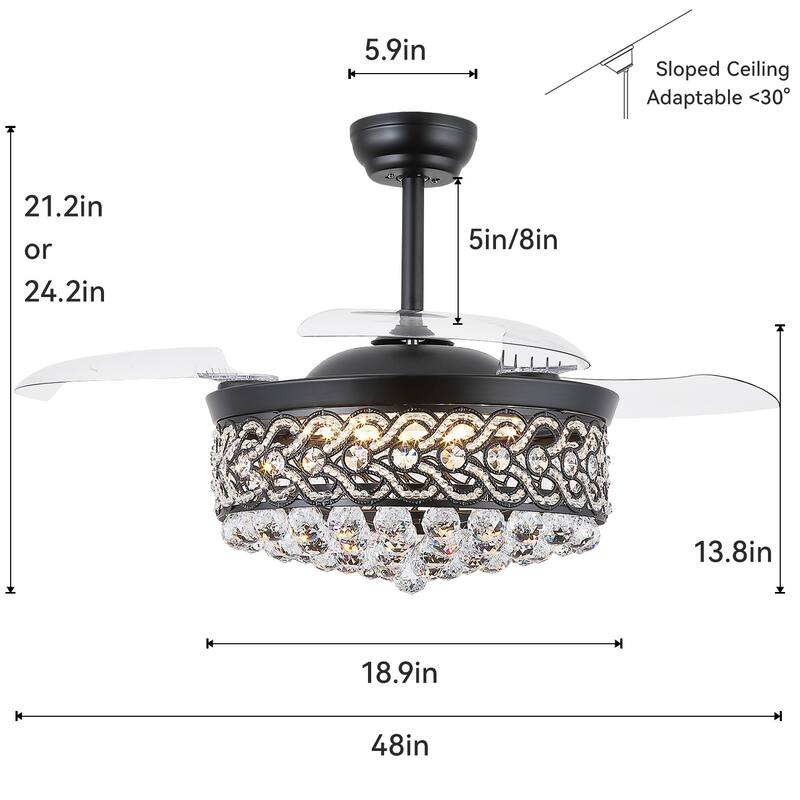 Kviflon 48'' Retractable Ceiling Fan with Lights and Remote 6 Speed, 3 Light Change Retractable Blade Chandelier Ceiling Fan