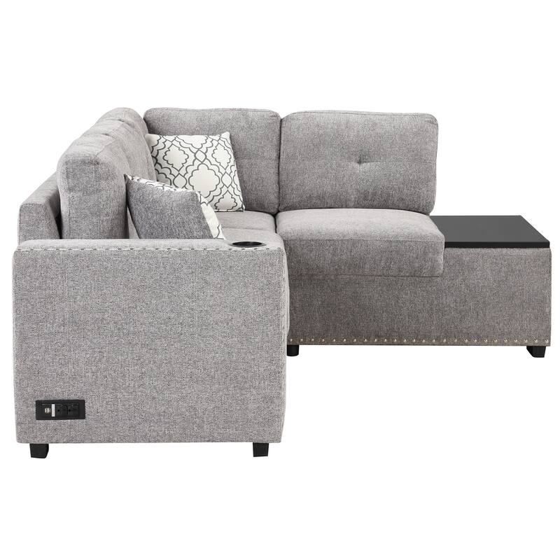 83.8'' L-Shaped 4-Seat Sectional Sofa with Pull-Out Bed, Storage Chaise, USB Ports, Power Sockets, and Cup Holders