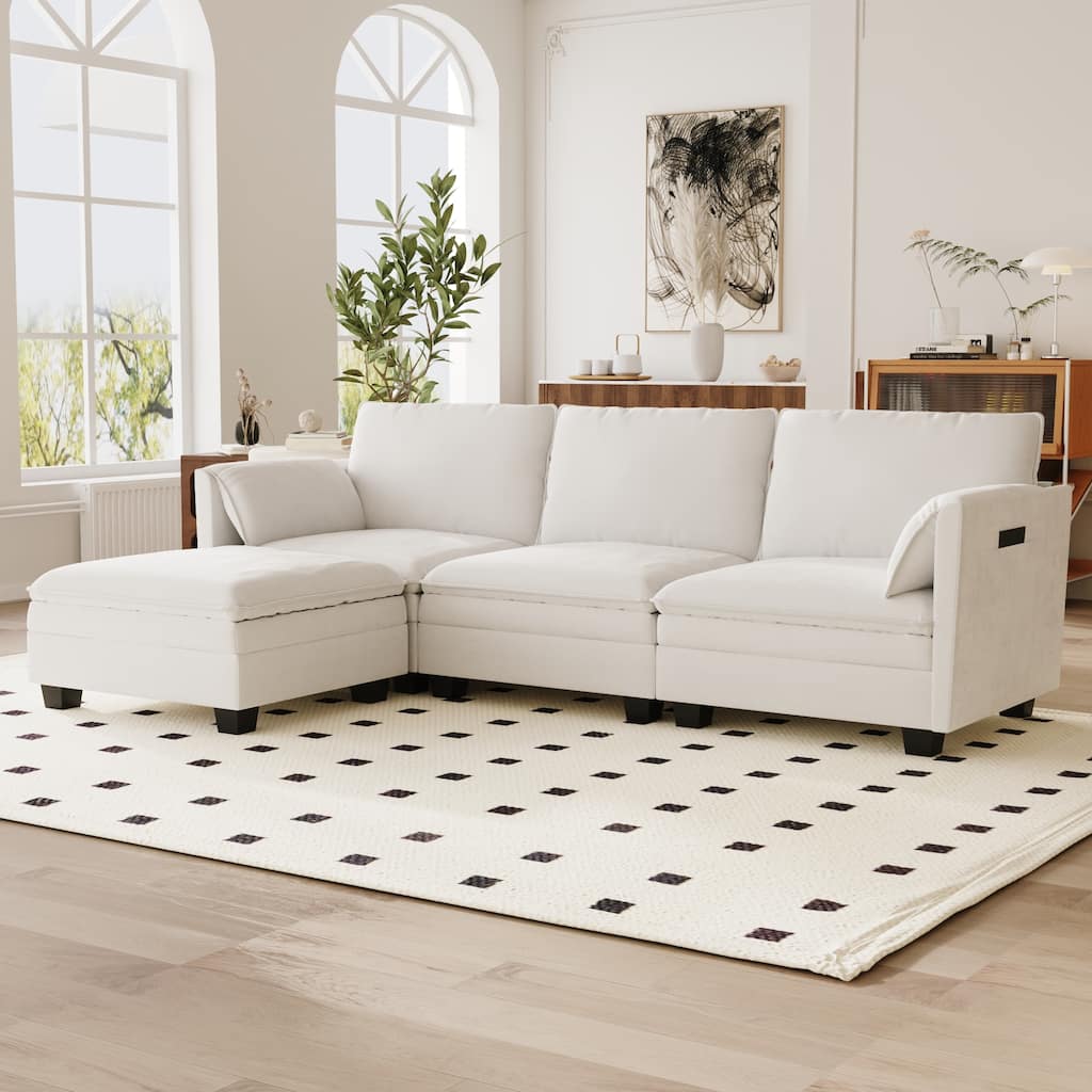 GDFStudio - Noah Large 3-Seater L-Shaped Sofa with Movable Ottoman and Armrest Pockets, Fabric Upholstery - L-Shape