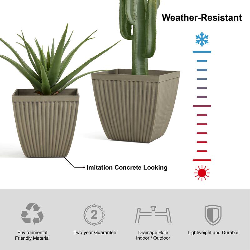 Glitzhome Set of 2 Eco-Friendly Oversized Faux Concrete Fluted Plant Pots Flower Planter Porch Decor