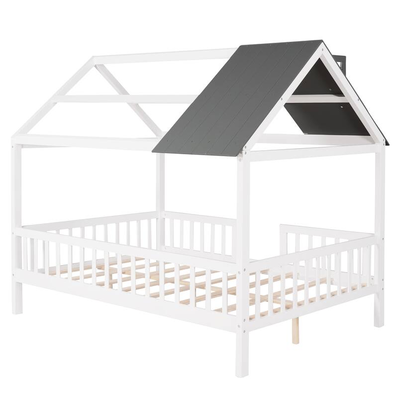 Pine House Bed with Fence & Chimney Roof