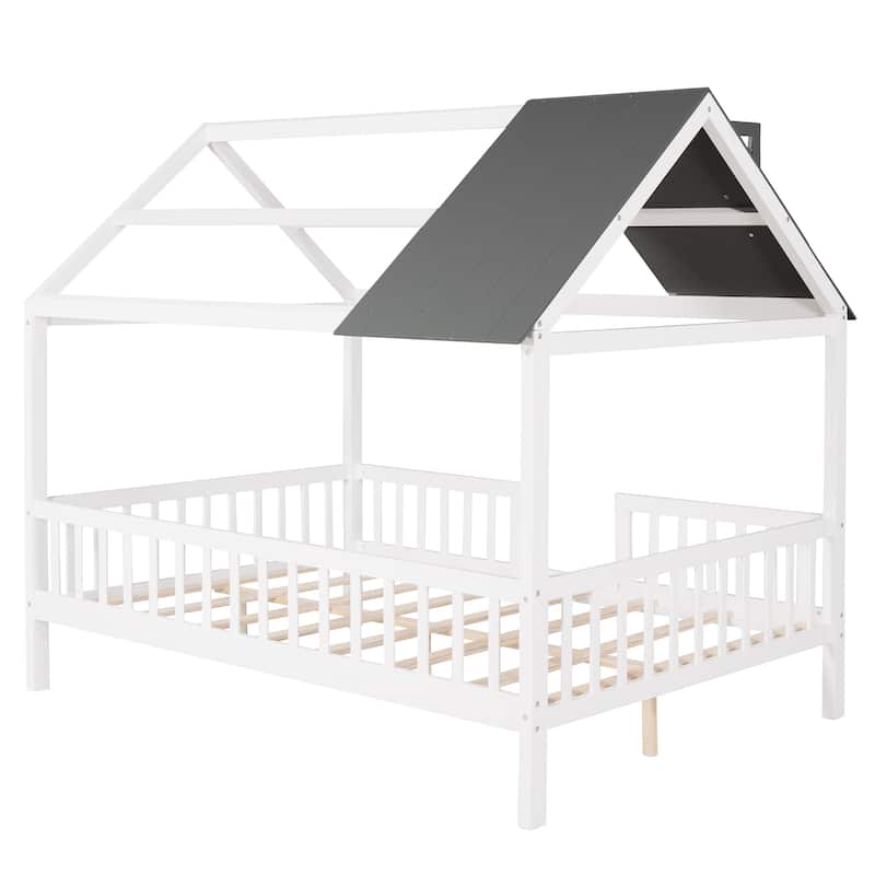 Playhouse Design Pine Wood Full Size Wood House Bed with Fence, Roof ...