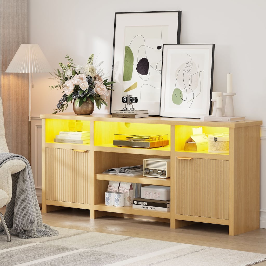 Gyomojoy 71" LED Farmhouse TV Stand for 75-85 Inch TV, Modern Boho Media Console with RGB Lights, 2 Doors & Adjustable Shelves.