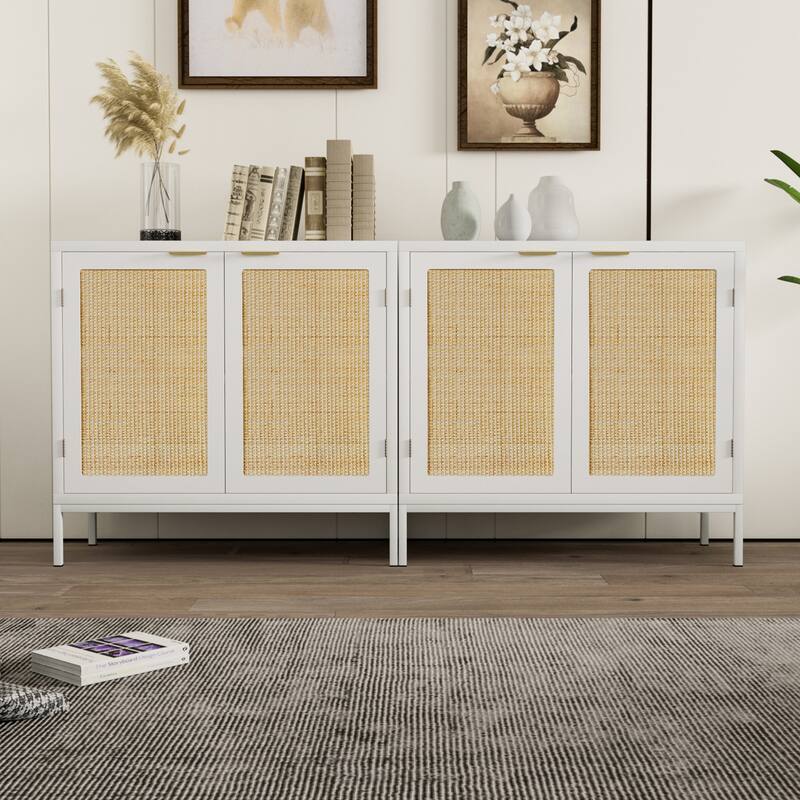 Anmytek Rattan Storage Cabinet White Sideboard Buffet Cabinet with 2 Doors