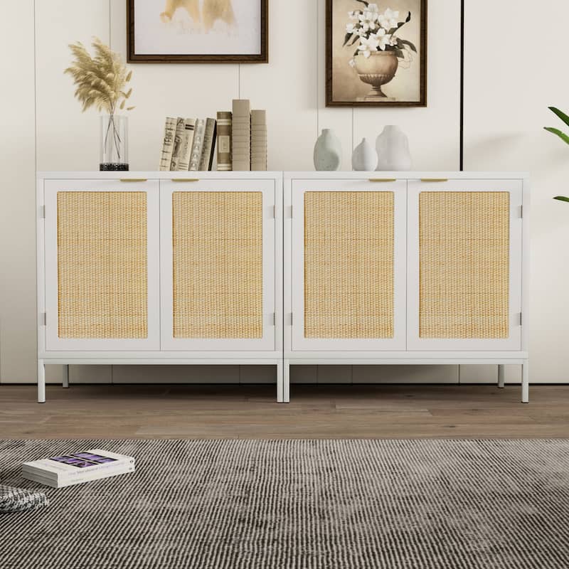 Anmytek White Wood Rattan Sideboard Buffet Kitchen Storage Cabinet with 2 Doors