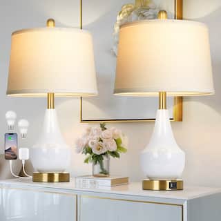 Bedside Elegant 24" USB Table Lamp White Ceramic, Gold Accents, Dual USB Ports, LED Bulb Included (Set of 2)