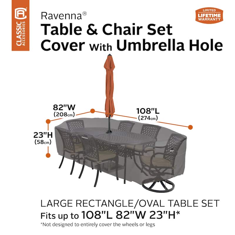 Classic Accessories Ravenna Water-Resistant 108 Inch Rectangular/Oval Patio Table & Chair Set Cover with Umbrella Hole