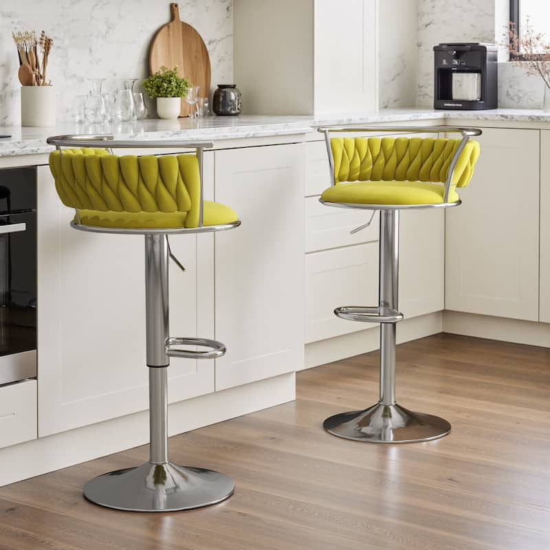 Set of 2 Velvet Adjustable Swivel Bar Stools - Silver/Olive Drab