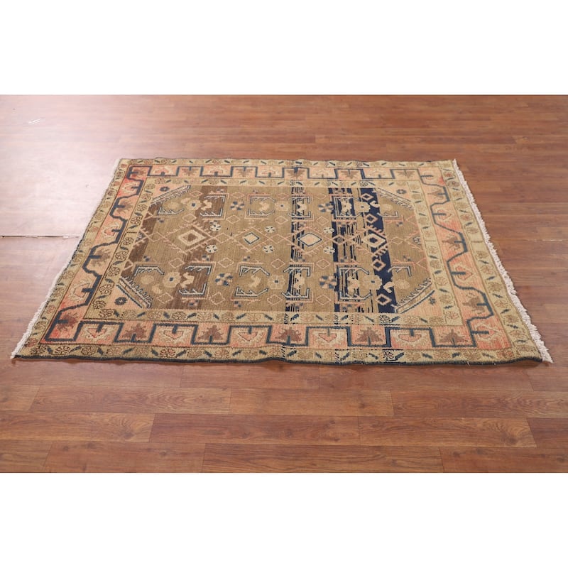 Geometric Hamedan Vintage Persian Rug Handmade Wool Carpet - 3'10"x 5'1"