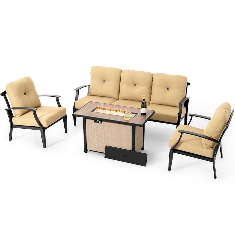 Outdoor 50,000 BTU Textilene Propane Fire Pit Set with Aluminum Sofas - Beige