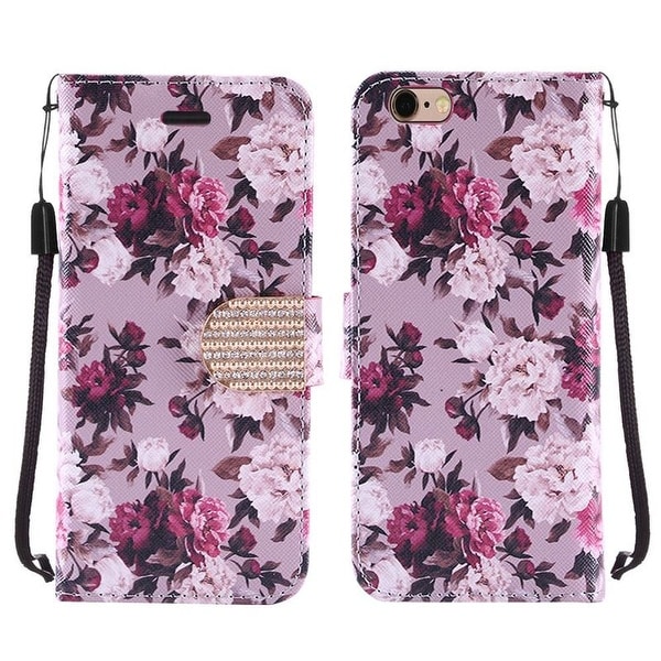 Insten Roses Leather Case Cover Lanyard with Stand/ Diamond For Apple iPhone 6/ 6s