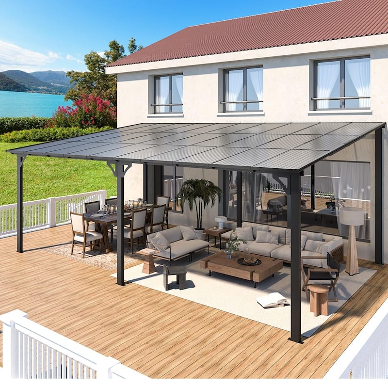 12x20ft Lean to Gazebo Hardtop Wall Mounted Gazebo - Black