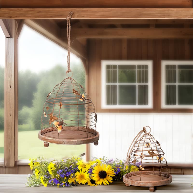 Metal And Wood Bee Hive 11.5-13.75"T Set of 2 - 12
