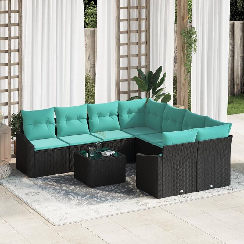 vidaXL 9 Garden Sofa Set with Cushions Black Poly Rattan - 91.9 x 92.1 x 27.2