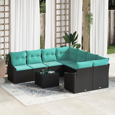 vidaXL 9 Garden Sofa Set with Cushions Black Poly Rattan - 91.9 x 92.1 x 27.2