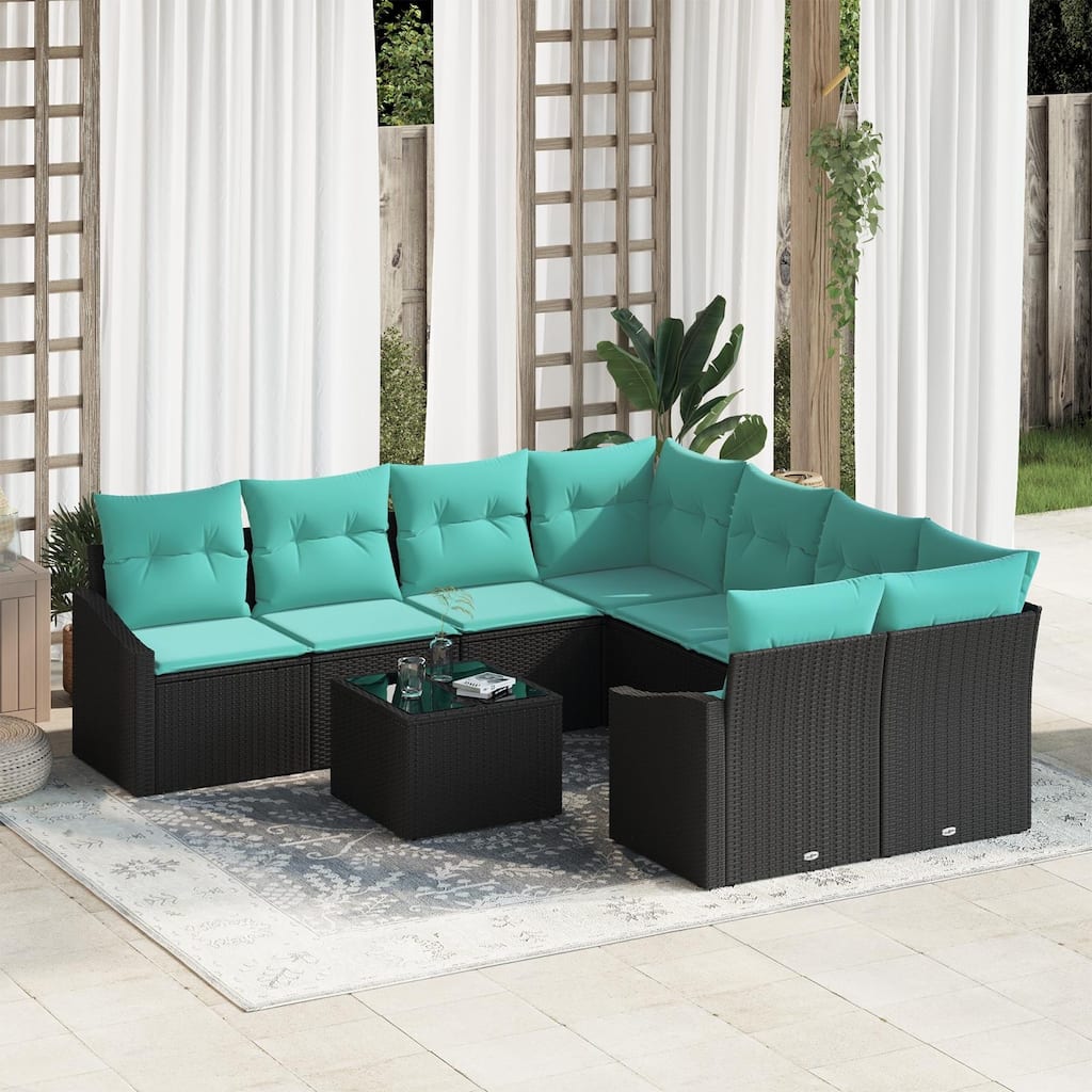 vidaXL 9 Garden Sofa Set with Cushions Black Poly Rattan - 91.9 x 92.1 x 27.2