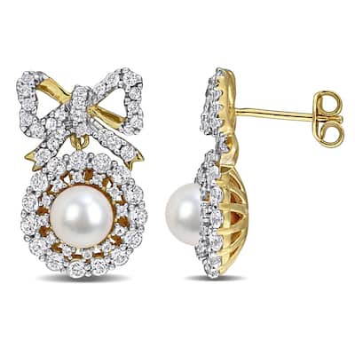 Miadora Cultured Freshwater Pearl 2 1/5ct TGW White Topaz Earrings Yellow Plated Sterling Silver